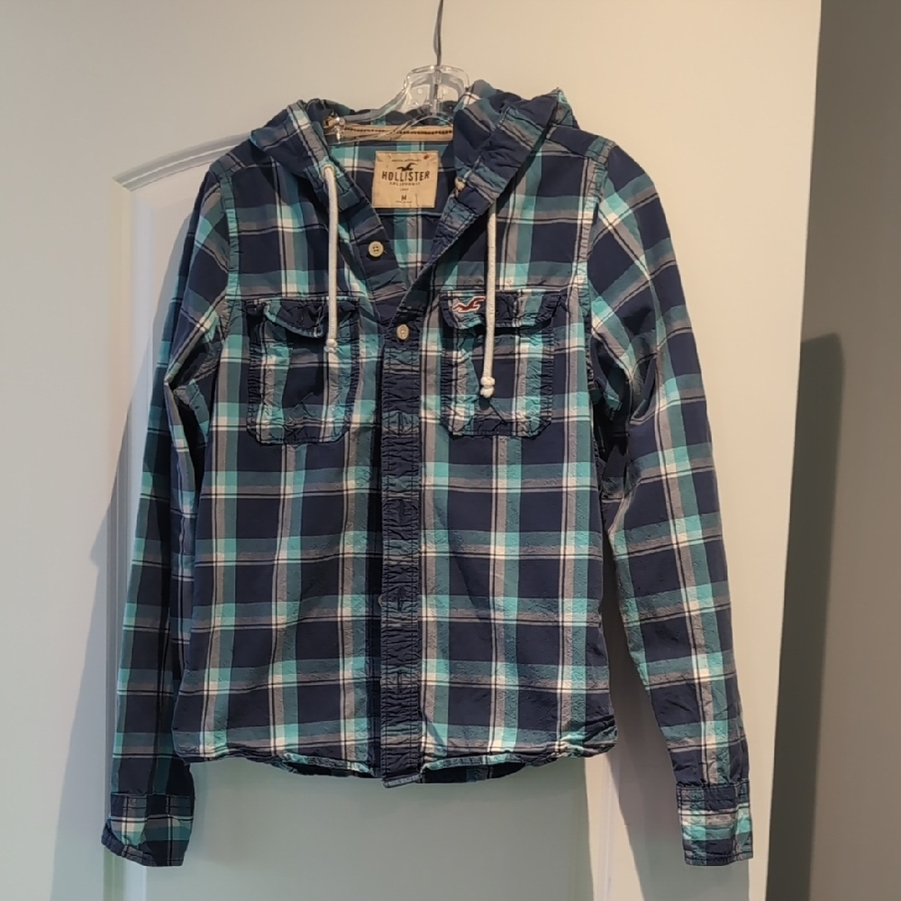 Hollister Navy and Teal Plaid Hooded Shirt